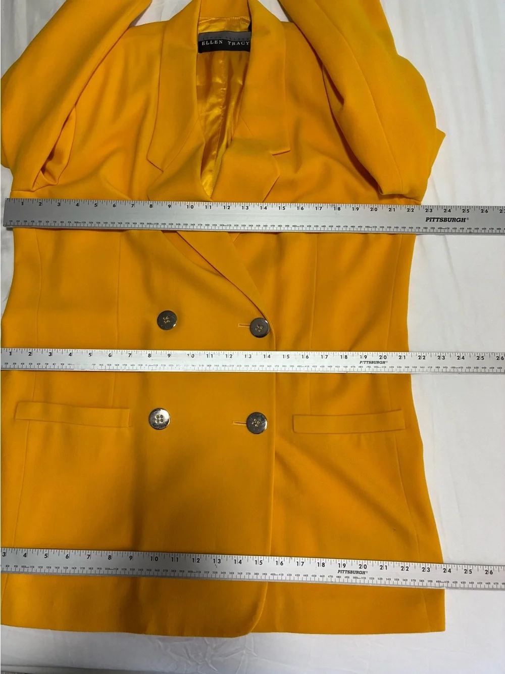 VTG 90s Ellen Tracy 12 Bright YL 💯 Wool Double-Breasted Blazer Silver Buttons